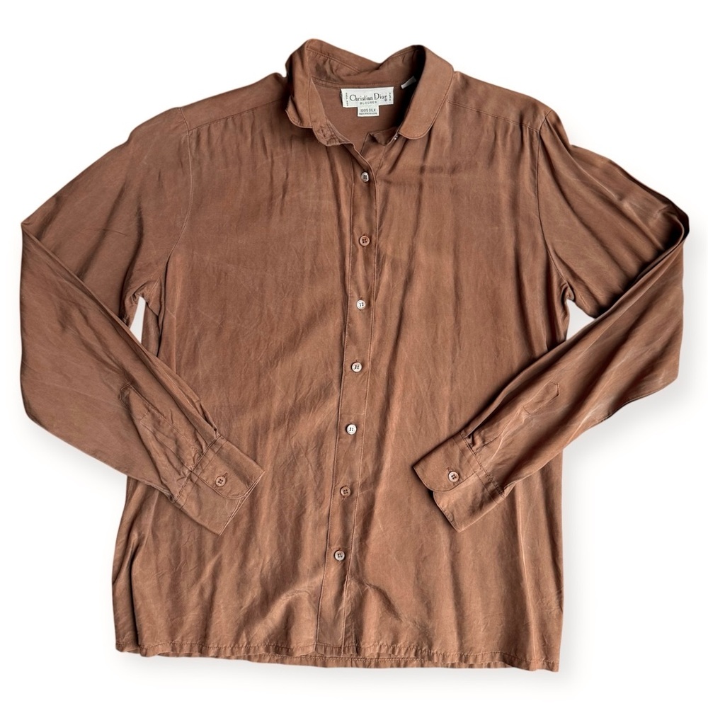 Christian Dior Vintage Silk Button Down Blouse Top Brown Women’s 10 Medium
